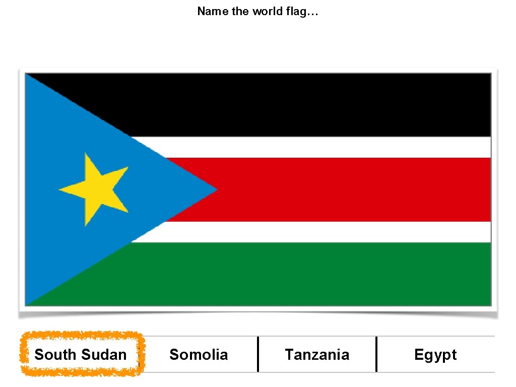 Name the world flag… South Sudan Somolia Tanzania Egypt 
