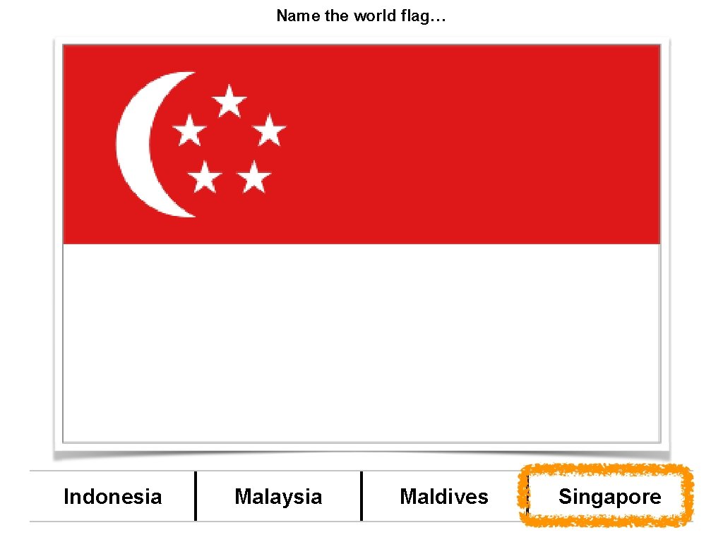 Name the world flag… Indonesia Malaysia Maldives Singapore 
