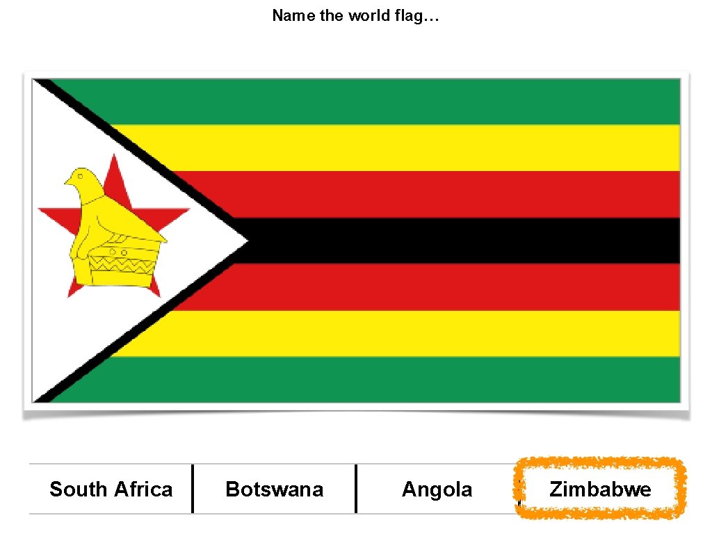 Name the world flag… South Africa Botswana Angola Zimbabwe 