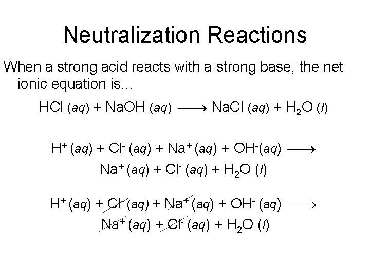 Neutralization Reactions When a strong acid reacts with a strong base, the net ionic