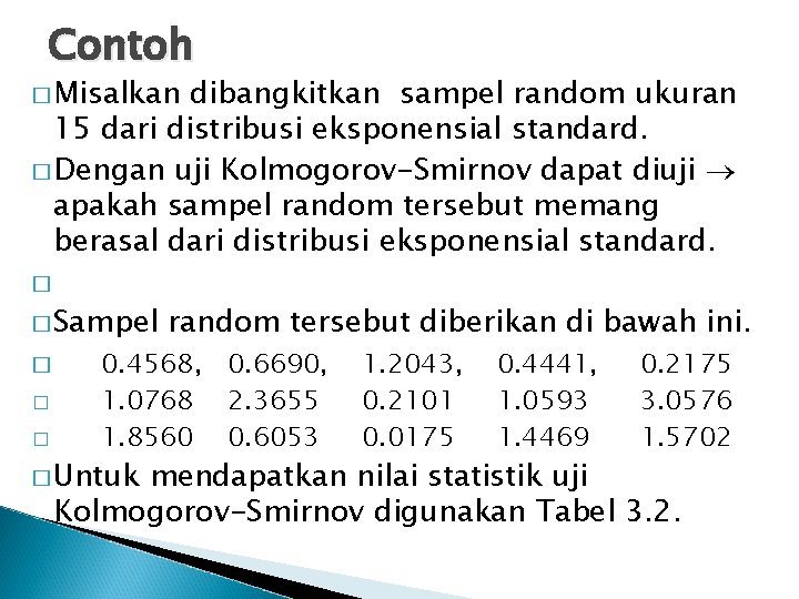 Contoh � Misalkan dibangkitkan sampel random ukuran 15 dari distribusi eksponensial standard. � Dengan