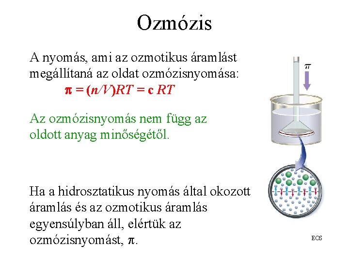 Ozmózis A nyomás, ami az ozmotikus áramlást megállítaná az oldat ozmózisnyomása: p = (n/V)RT