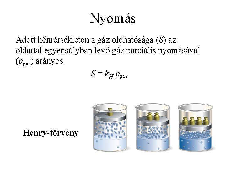 Nyomás Adott hőmérsékleten a gáz oldhatósága (S) az oldattal egyensúlyban levő gáz parciális nyomásával
