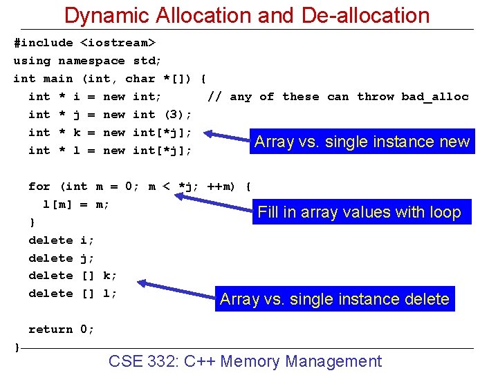 Dynamic Allocation and De-allocation #include <iostream> using namespace std; int main (int, char *[])