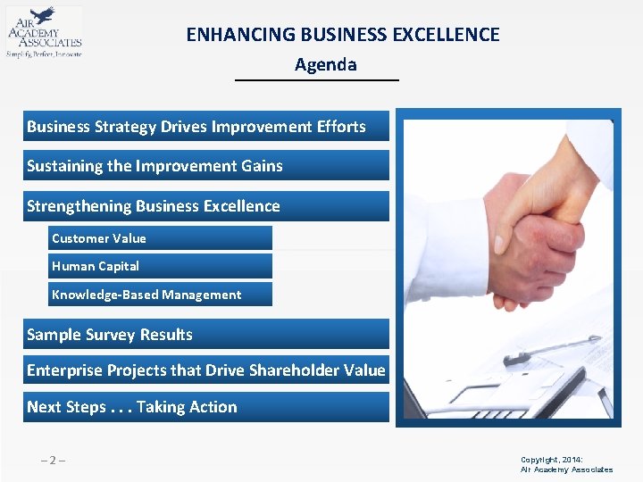 ENHANCING BUSINESS EXCELLENCE Agenda Business Strategy Drives Improvement Efforts Sustaining the Improvement Gains Strengthening