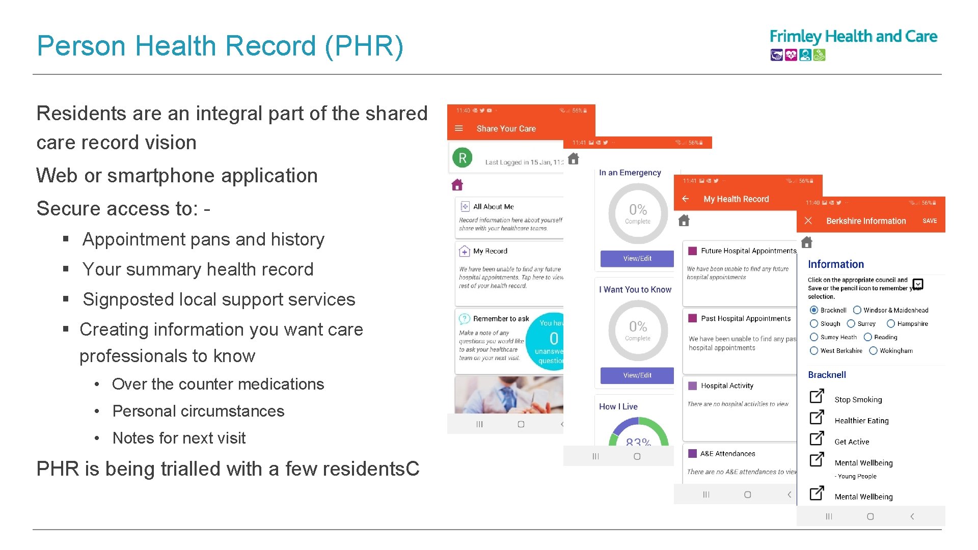 Person Health Record (PHR) Residents are an integral part of the shared care record