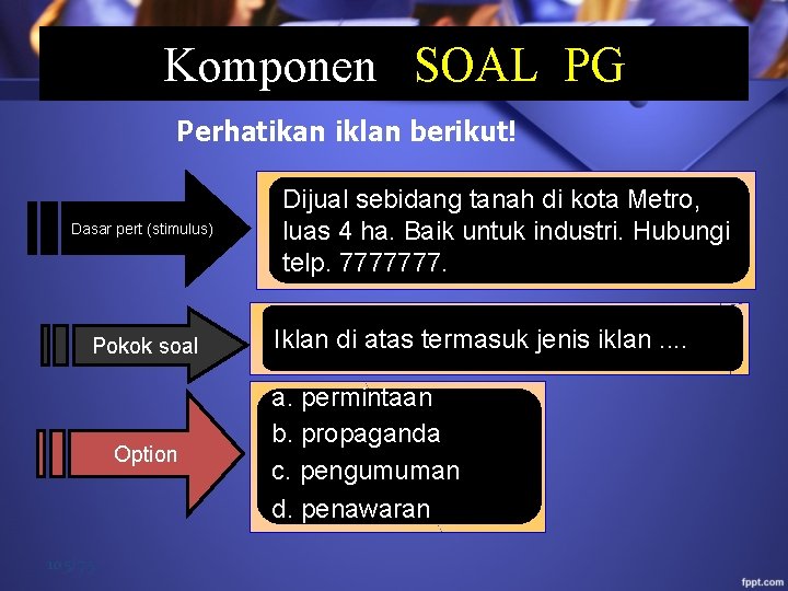 Komponen SOAL PG Perhatikan iklan berikut! Dasar pert (stimulus) Pokok soal Option 105/75 Dijual