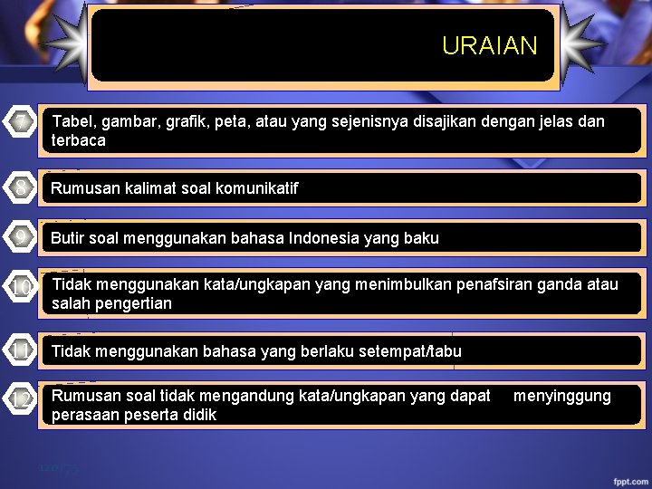  KAIDAH PENULISAN SOAL URAIAN 7 Tabel, gambar, grafik, peta, atau yang sejenisnya disajikan