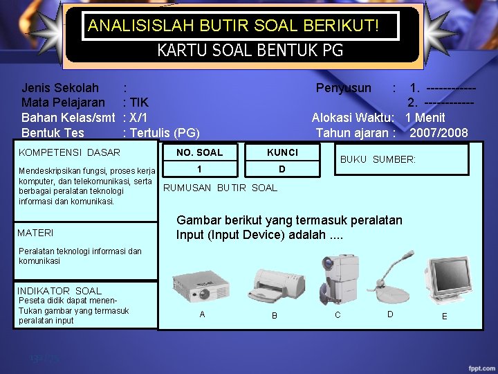 ANALISISLAH BUTIR SOAL BERIKUT! KARTU SOAL BENTUK PG Jenis Sekolah : Penyusun : 1.