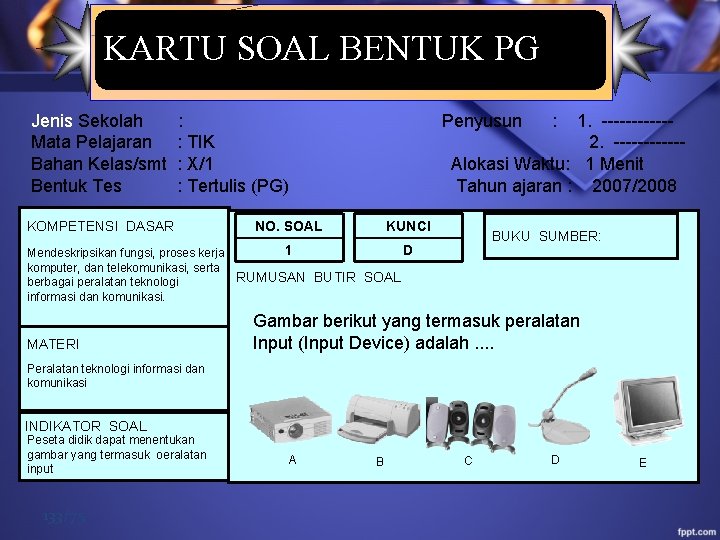 KARTU SOAL BENTUK PG Jenis Sekolah : Penyusun : 1. ------Mata Pelajaran : TIK