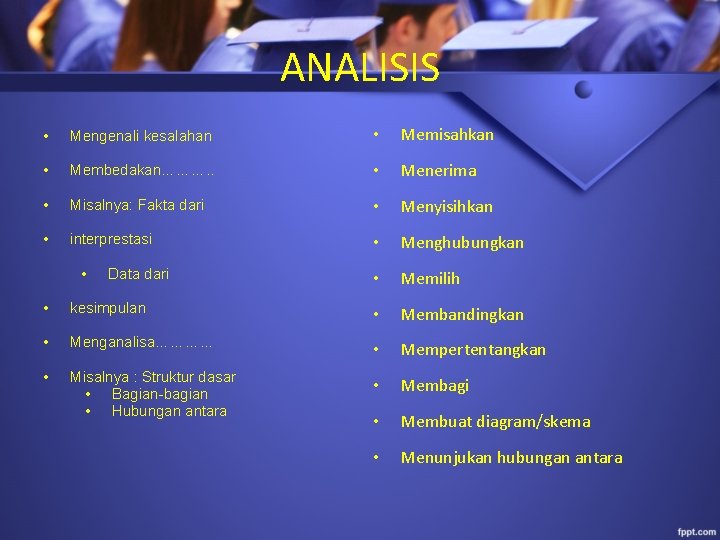 ANALISIS • Mengenali kesalahan • Memisahkan • Membedakan………. . • Menerima • Misalnya: Fakta