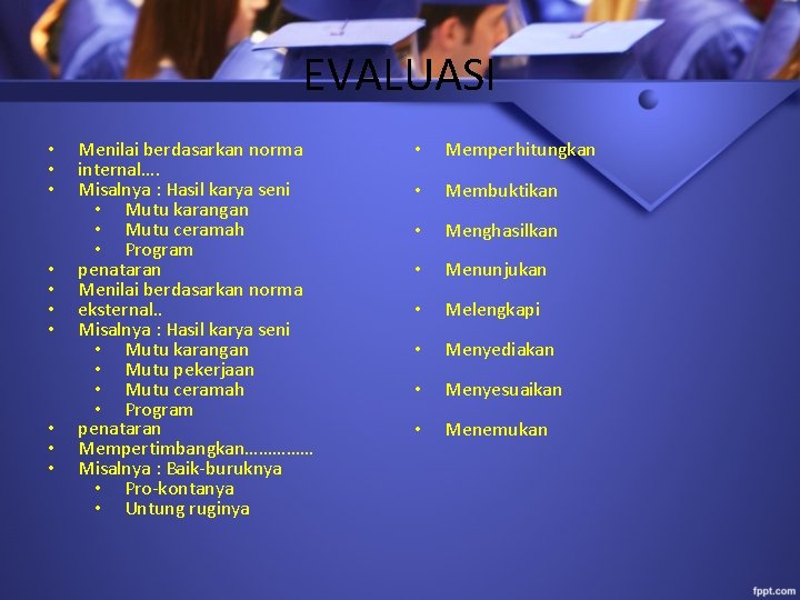 EVALUASI • • • Menilai berdasarkan norma internal…. Misalnya : Hasil karya seni •