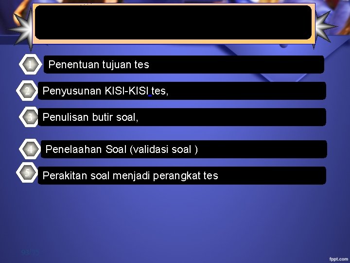  LANGKAH-LANGKAH PENYUSUNAN TES 1 2 Penentuan tujuan tes Penyusunan KISI-KISI tes, 3 Penulisan