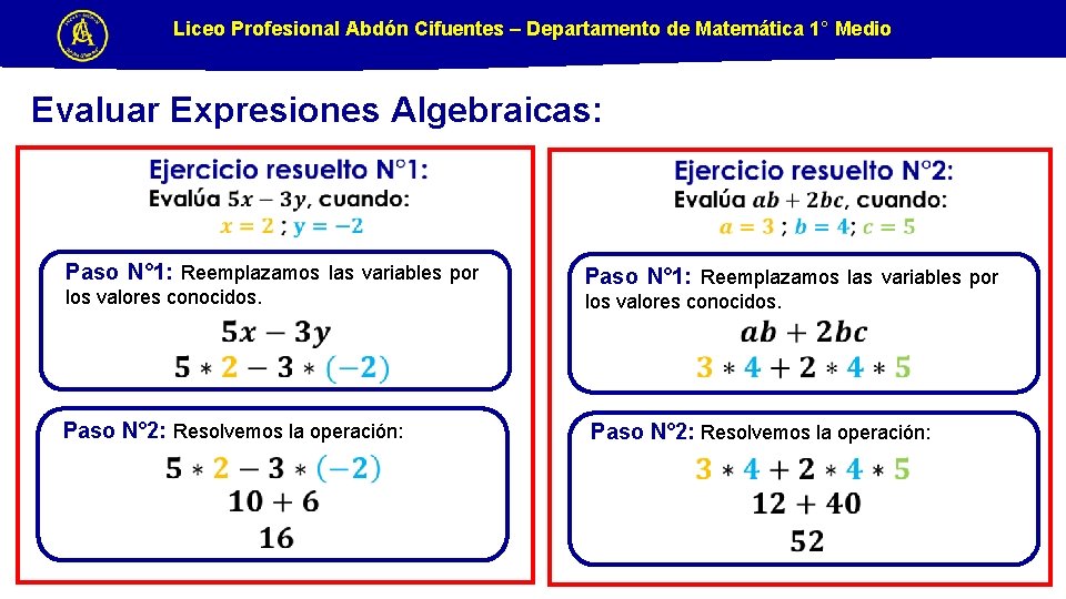 Liceo Profesional Abdón Cifuentes – Departamento de Matemática 1° Medio Evaluar Expresiones Algebraicas: Paso