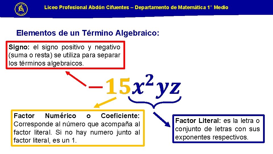 Liceo Profesional Abdón Cifuentes – Departamento de Matemática 1° Medio Elementos de un Término