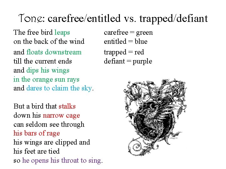 Tone: carefree/entitled vs. trapped/defiant The free bird leaps on the back of the wind