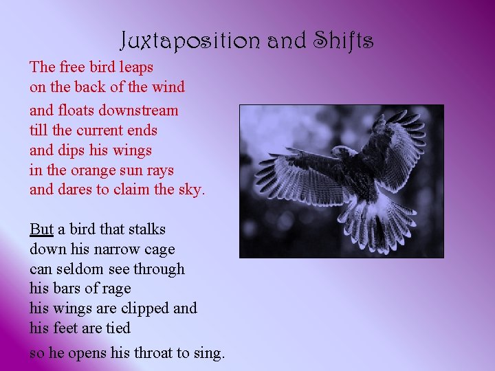 Juxtaposition and Shifts The free bird leaps on the back of the wind and