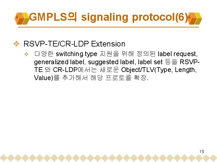 GMPLS의 signaling protocol(6) v RSVP-TE/CR-LDP Extension v 다양한 switching type 지원을 위해 정의된 label