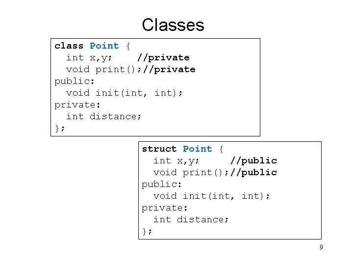 Classes class Point { int x, y; //private void print(); //private public: void init(int,