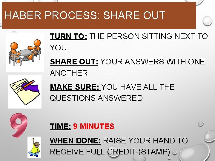 HABER PROCESS: SHARE OUT TURN TO: THE PERSON SITTING NEXT TO YOU SHARE OUT: