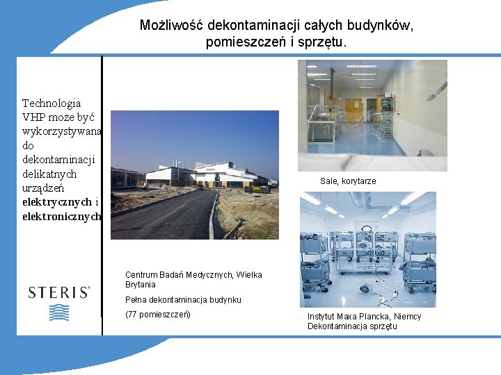 Możliwość dekontaminacji całych budynków, pomieszczeń i sprzętu. Technologia VHP może być wykorzystywana do dekontaminacji