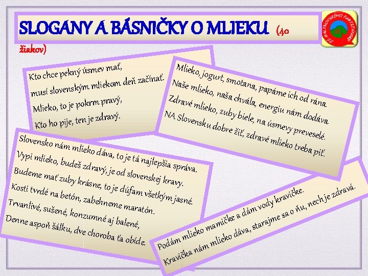 SLOGANY A BÁSNIČKY O MLIEKU (40 žiakov) Mlieko ať, m v e m s