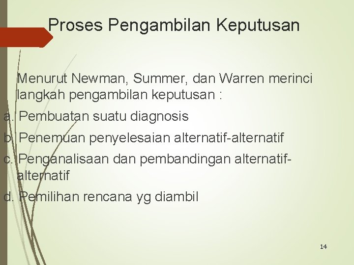 Proses Pengambilan Keputusan Menurut Newman, Summer, dan Warren merinci langkah pengambilan keputusan : a.