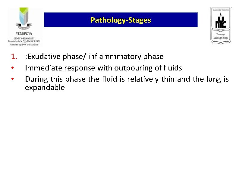 Pathology-Stages 1. : Exudative phase/ inflammmatory phase • Immediate response with outpouring of fluids