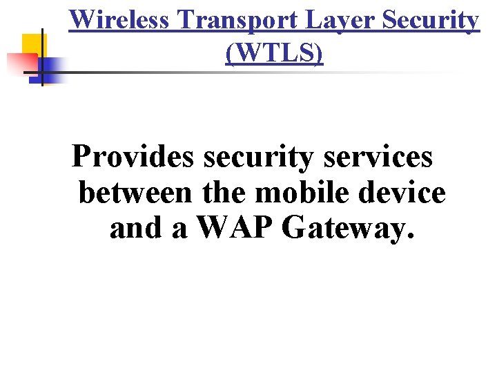 Wireless Transport Layer Security (WTLS) Provides security services between the mobile device and a