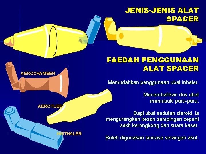 JENIS-JENIS ALAT SPACER FAEDAH PENGGUNAAN ALAT SPACER AEROCHAMBER Memudahkan penggunaan ubat inhaler. Menambahkan dos
