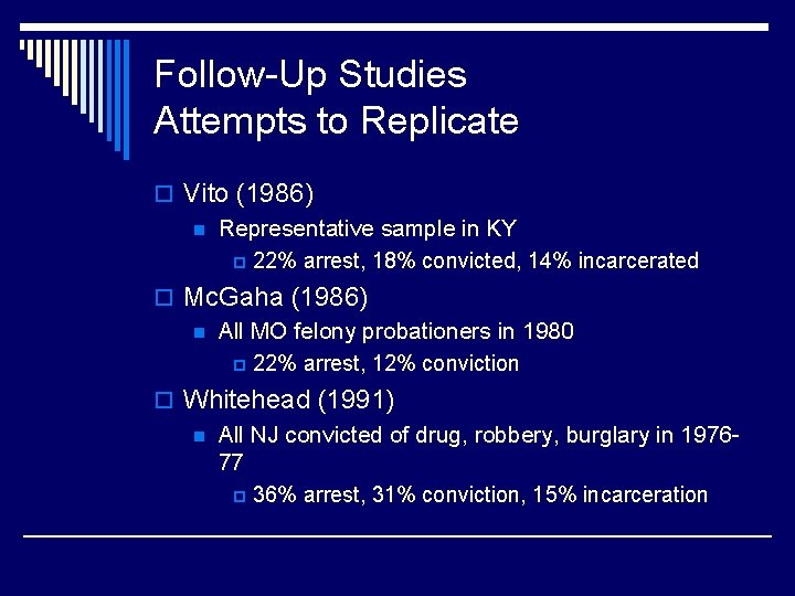 Follow-Up Studies Attempts to Replicate o Vito (1986) n Representative sample in KY p