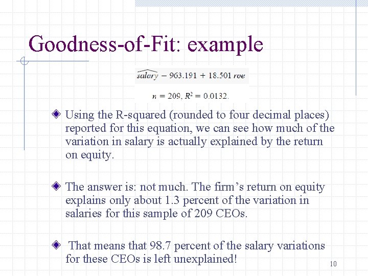 Goodness-of-Fit: example Using the R-squared (rounded to four decimal places) reported for this equation,