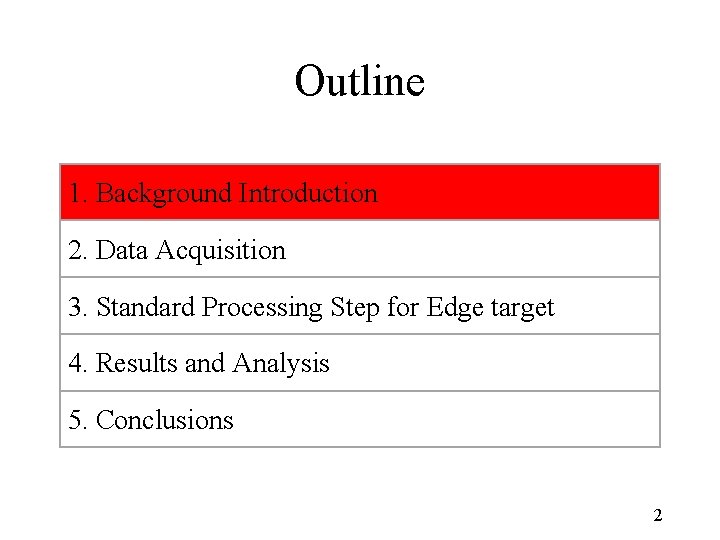 Outline 1. Background Introduction 2. Data Acquisition 3. Standard Processing Step for Edge target