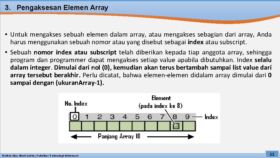 3. Pengaksesan Elemen Array • Untuk mengakses sebuah elemen dalam array, atau mengakses sebagian