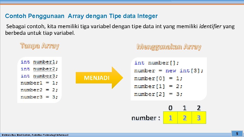 Contoh Penggunaan Array dengan Tipe data Integer Sebagai contoh, kita memiliki tiga variabel dengan