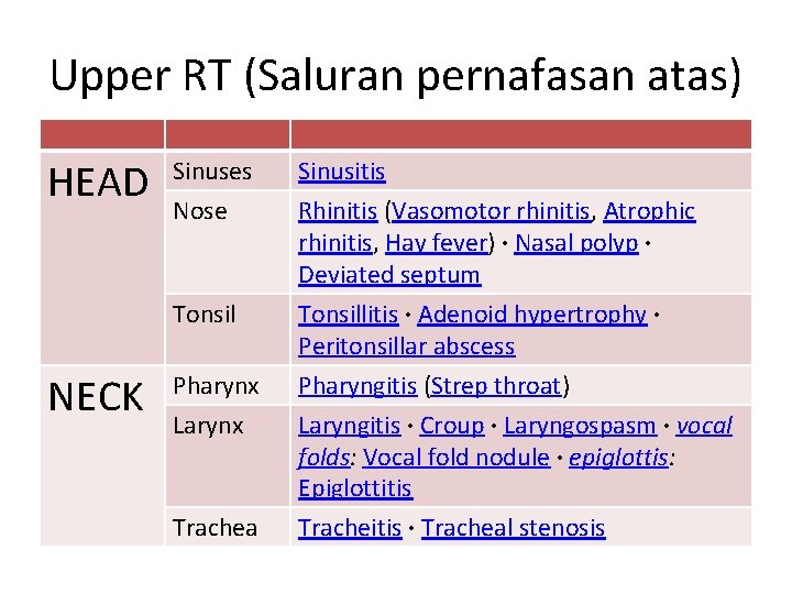 Upper RT (Saluran pernafasan atas) HEAD Sinuses Nose Tonsil NECK Sinusitis Rhinitis (Vasomotor rhinitis,