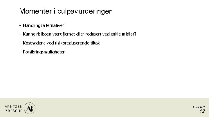 Momenter i culpavurderingen • Handlingsalternativer • Kunne risikoen vært fjernet eller redusert ved enkle