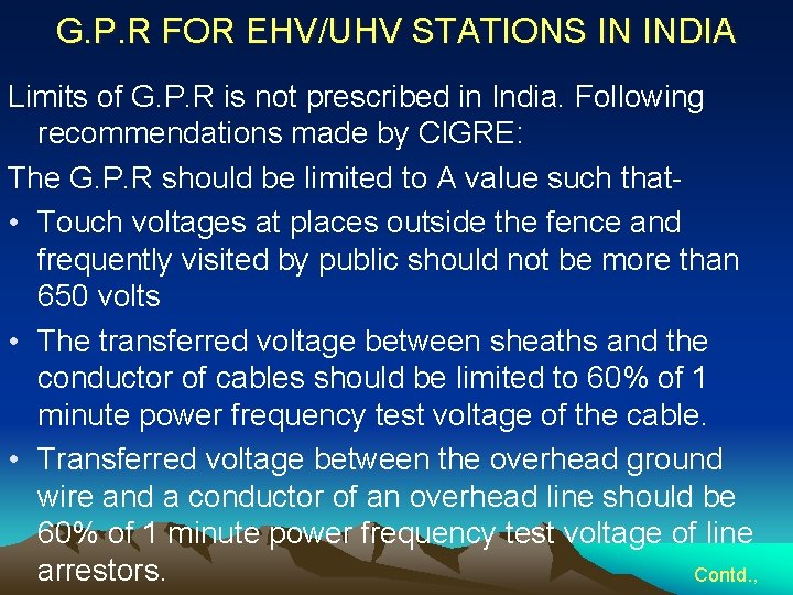 G. P. R FOR EHV/UHV STATIONS IN INDIA Limits of G. P. R is