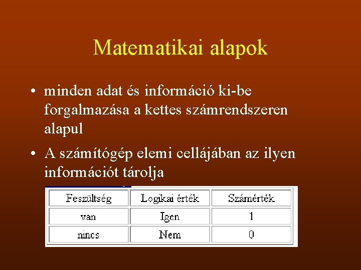 Matematikai alapok • minden adat és információ ki be forgalmazása a kettes számrendszeren alapul