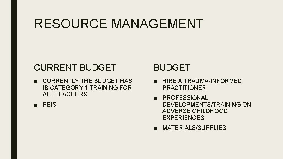 RESOURCE MANAGEMENT CURRENT BUDGET ■ CURRENTLY THE BUDGET HAS IB CATEGORY 1 TRAINING FOR
