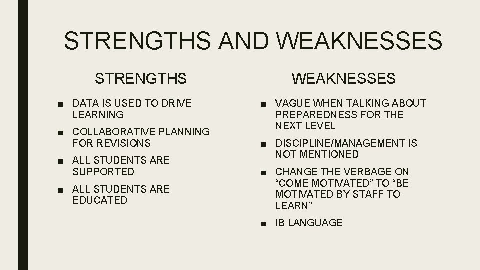 STRENGTHS AND WEAKNESSES STRENGTHS ■ DATA IS USED TO DRIVE LEARNING ■ COLLABORATIVE PLANNING