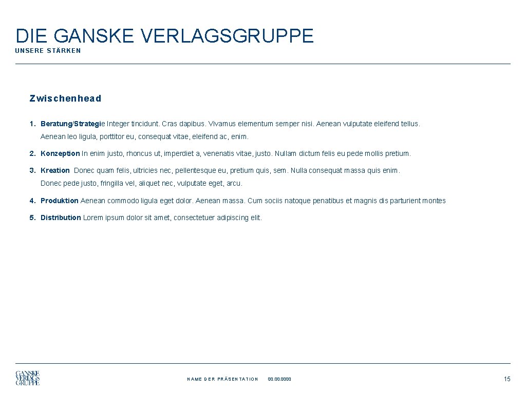 DIE GANSKE VERLAGSGRUPPE UNSERE STÄRKEN Zwischenhead 1. Beratung/Strategie Integer tincidunt. Cras dapibus. Vivamus elementum