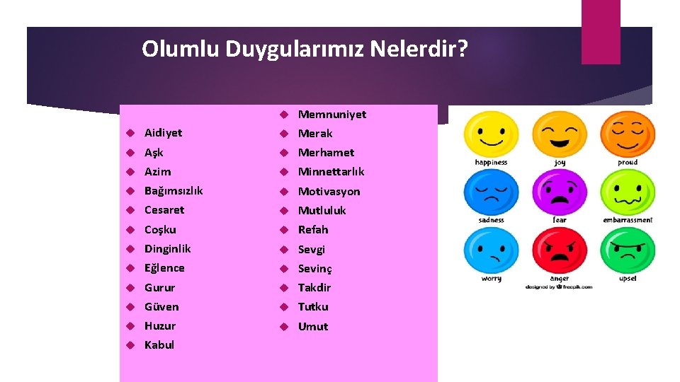 Olumlu Duygularımız Nelerdir? Memnuniyet Aidiyet Merak Aşk Merhamet Azim Minnettarlık Bağımsızlık Motivasyon Cesaret Mutluluk