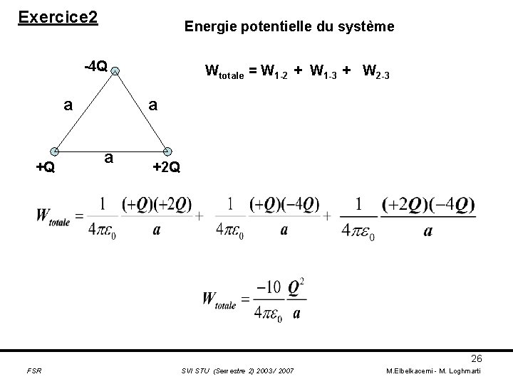 Exercice 2 Energie potentielle du système -4 Q a +Q Wtotale = W 1