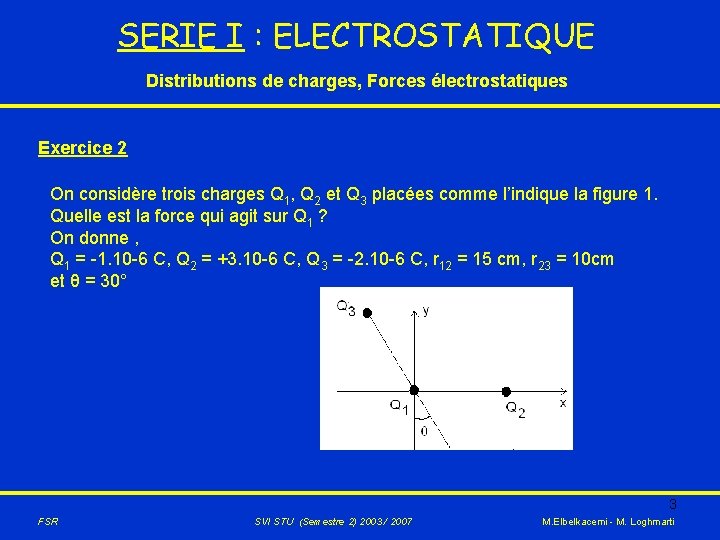 SERIE I : ELECTROSTATIQUE Distributions de charges, Forces électrostatiques Exercice 2 On considère trois