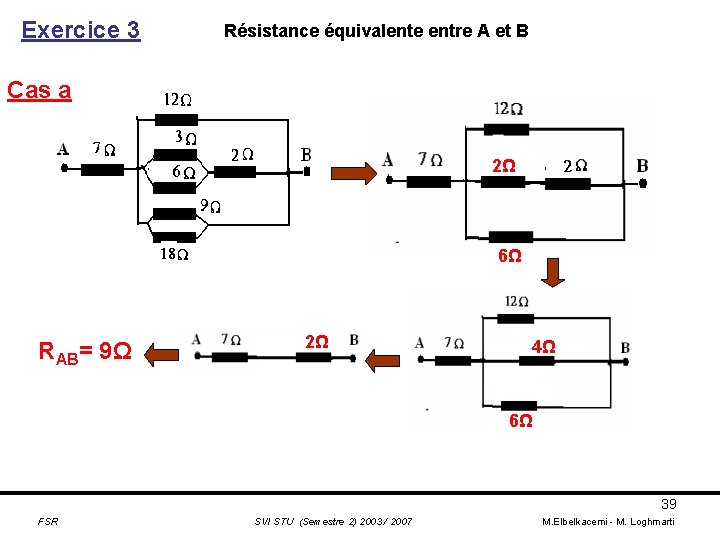 Exercice 3 Résistance équivalente entre A et B Cas a 2Ω 6Ω RAB= 9Ω