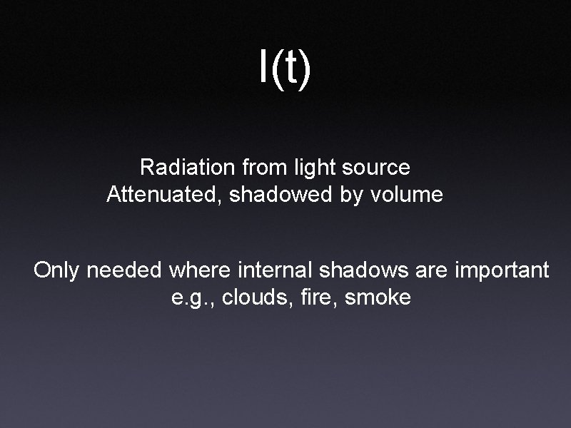 I(t) Radiation from light source Attenuated, shadowed by volume Only needed where internal shadows