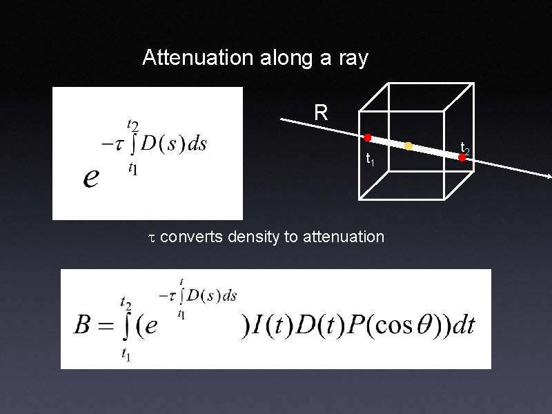 Attenuation along a ray R t 1 t converts density to attenuation t 2