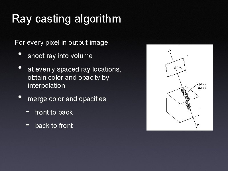 Ray casting algorithm For every pixel in output image • • • shoot ray