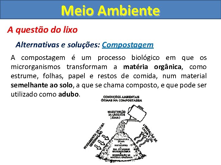 Meio Ambiente A questão do lixo Alternativas e soluções: Compostagem A compostagem é um